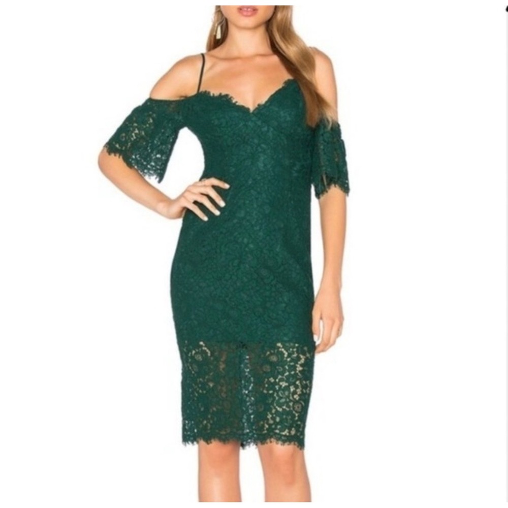 Bardot lace emerald green cold‎ shoulder midi dress